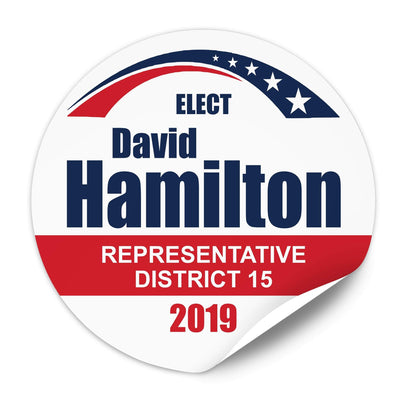 Political Campaign Sticker Template - PCS-108, paper with adhesive back, red, dark blue, stars