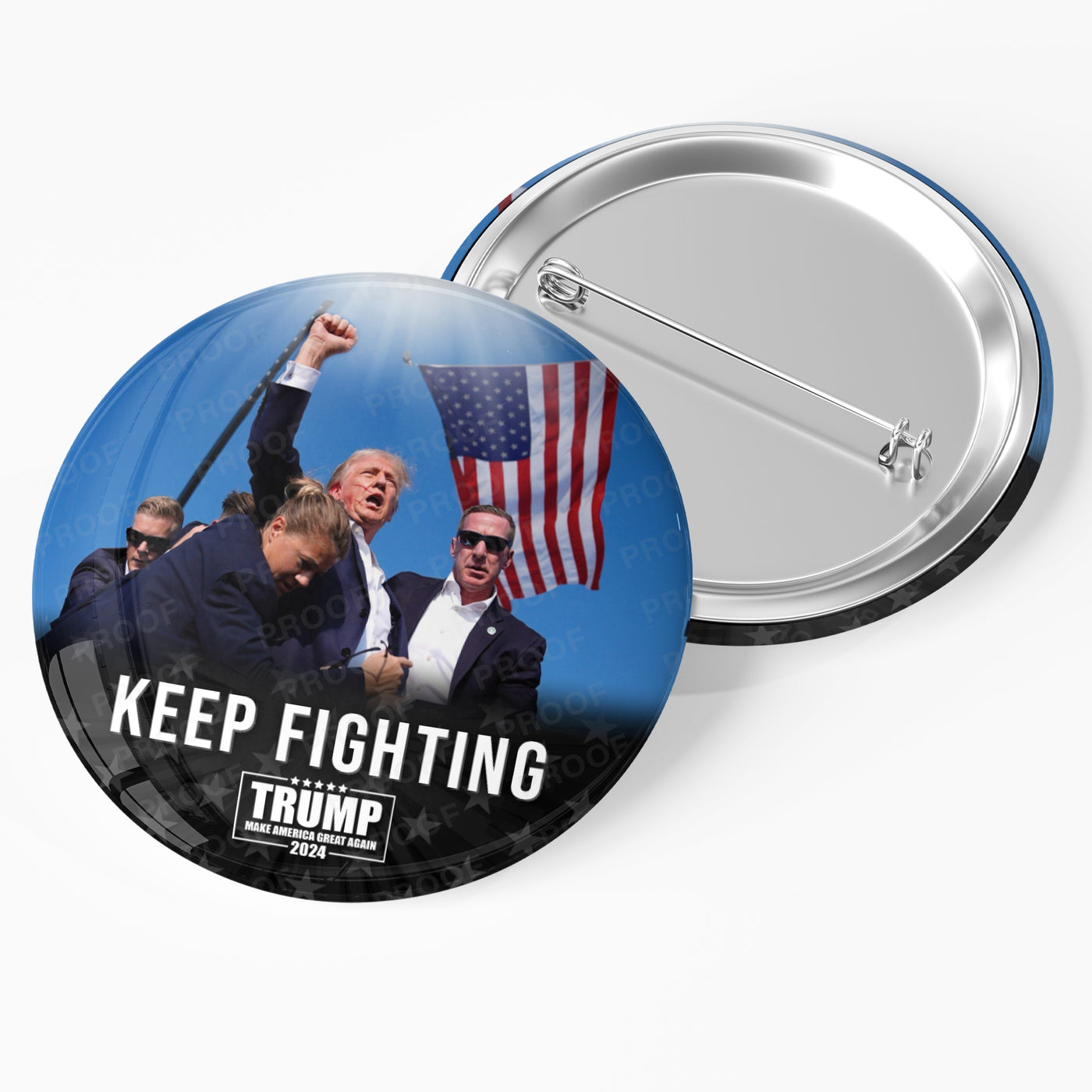 Trump ‘Keep Fighting’ button featuring a powerful image of a fist in the air, Trump’s face with a determined expression and a bloody nose, with the USA flag overhead