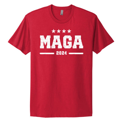 Red MAGA Trump 2024 shirt. Red shirt with white print 