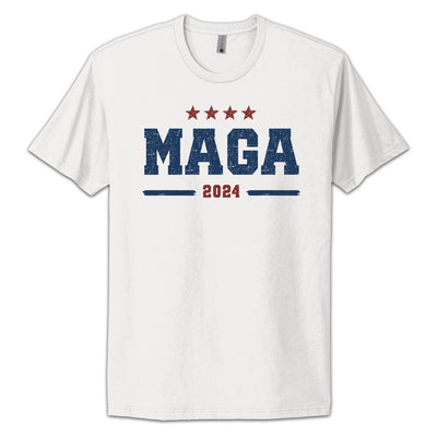 MAGA 2024 White Shirt blue text and Red Stars 