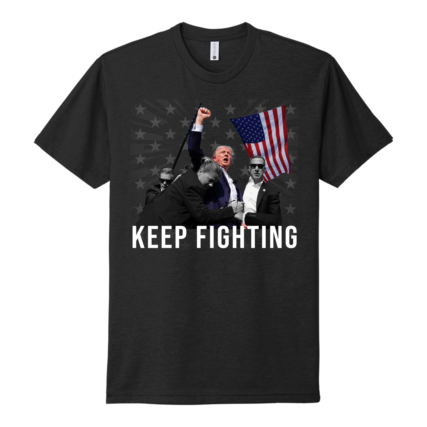 Black T-shirt featuring a vibrant image of a determined group of men, with one raising his fist triumphantly next to a waving American flag. The bold text ‘KEEP FIGHTING’ is prominently displayed below the image. Ideal for expressing resilience and patriotism.