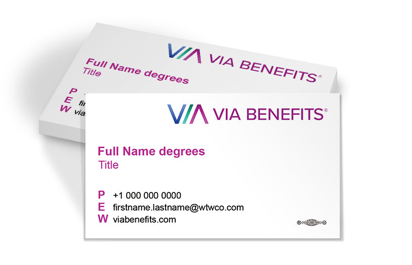VIA Benefits union printed business card featuring a clean, professional design with contact details, company logo, and a verified union print mark. Ideal for professionals seeking high-quality, branded business cards.