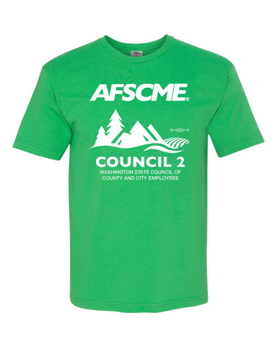 AFSCME Council 2 green union T-shirt made in the USA on Bayside 5040 with white logo print