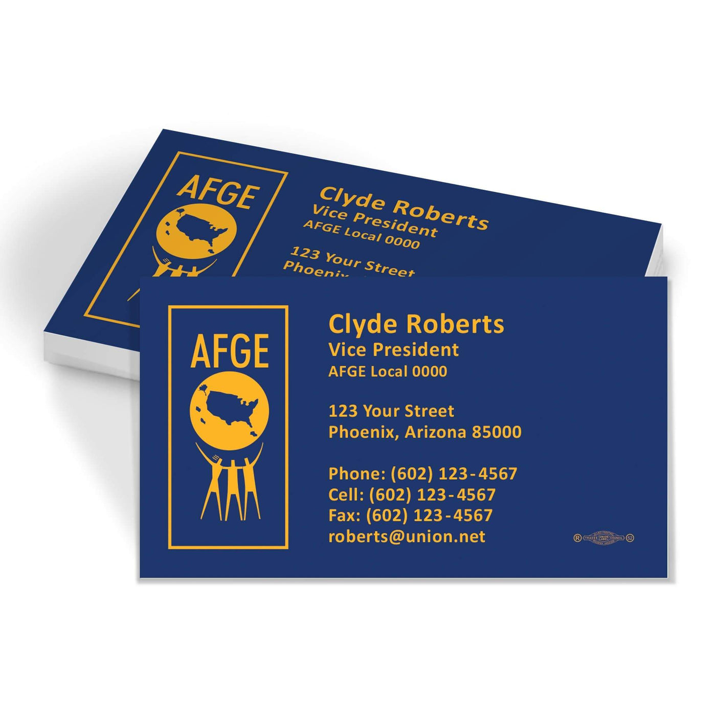 AFGE Full Bleed Blue and Yellow Union Printed Business Cards 
