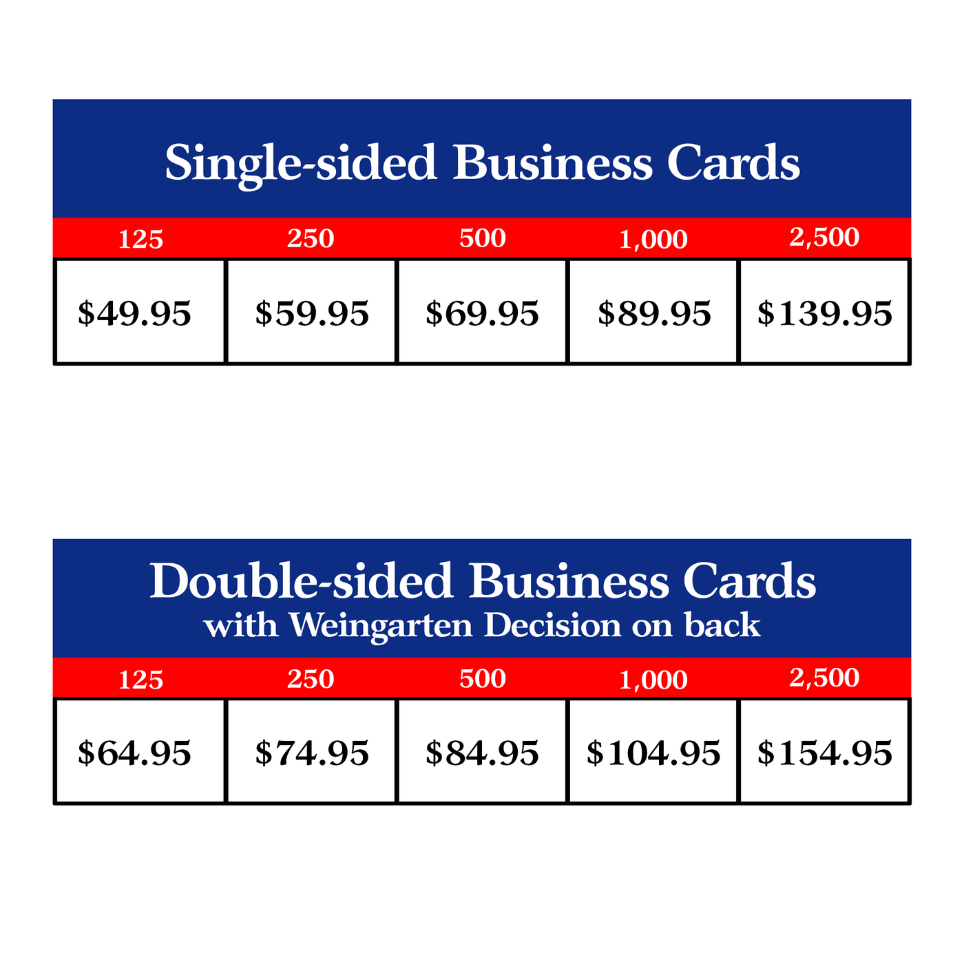 Union Printed business Cards Price List 
