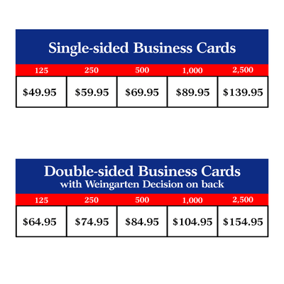 Union Printed Business Cards Price Chart